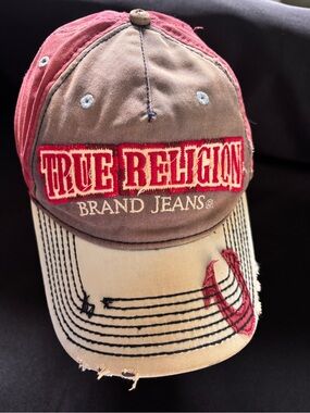 Vintage True Religion Men's Two-Tone Red and Brown Cap